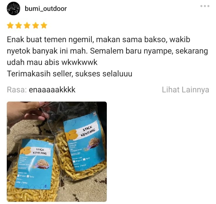 Ulasan bintang 5 di Shopee dari bumi_outdoor: "Enak buat temen ngemil, makan sama bakso, wajib nyetok banyak ini mah. Terimakasih seller, sukses selaluuu"