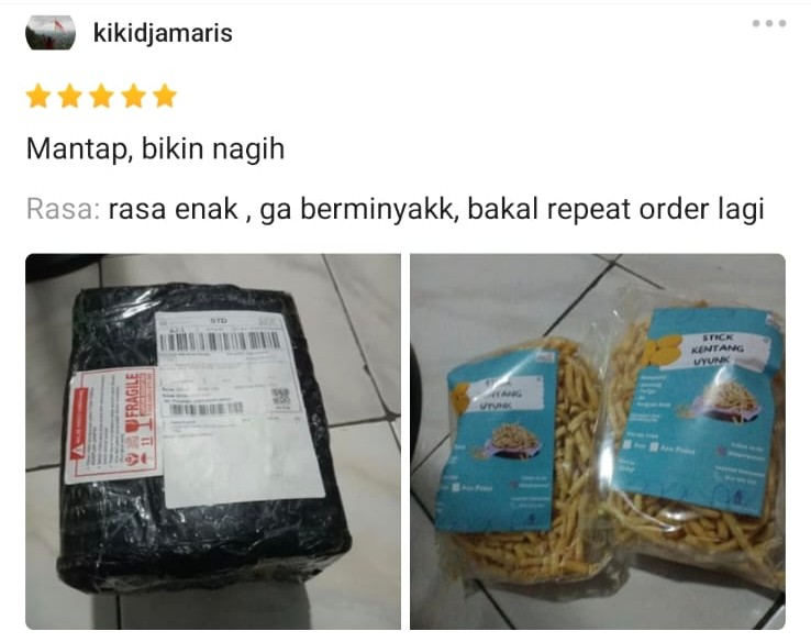 Ulasan bintang 5 di Shopee dari kikidjamaris: "Mantap, bikin nagih. Rasa enak, ga berminyak, bakal repeat order lagi."