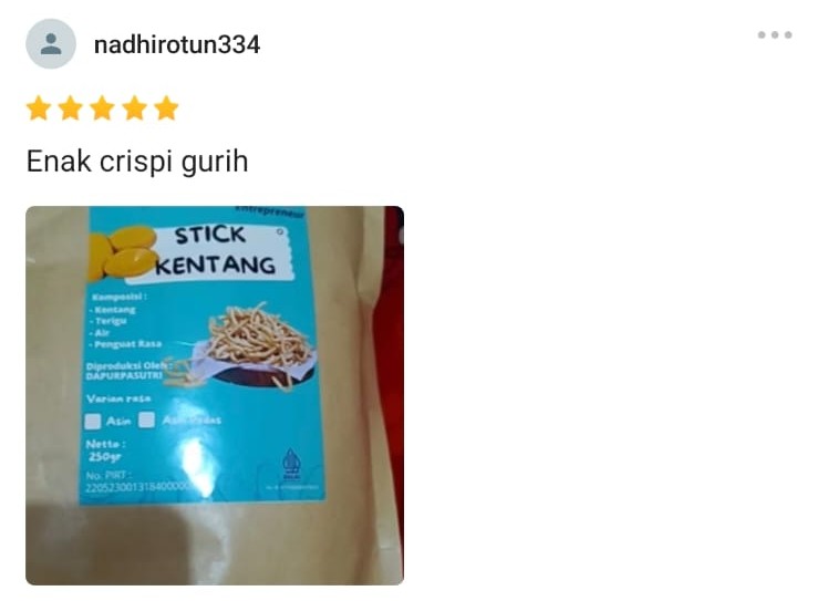 Ulasan bintang 5 di Shopee dari nadhirotun334: "Enak crispi gurih."